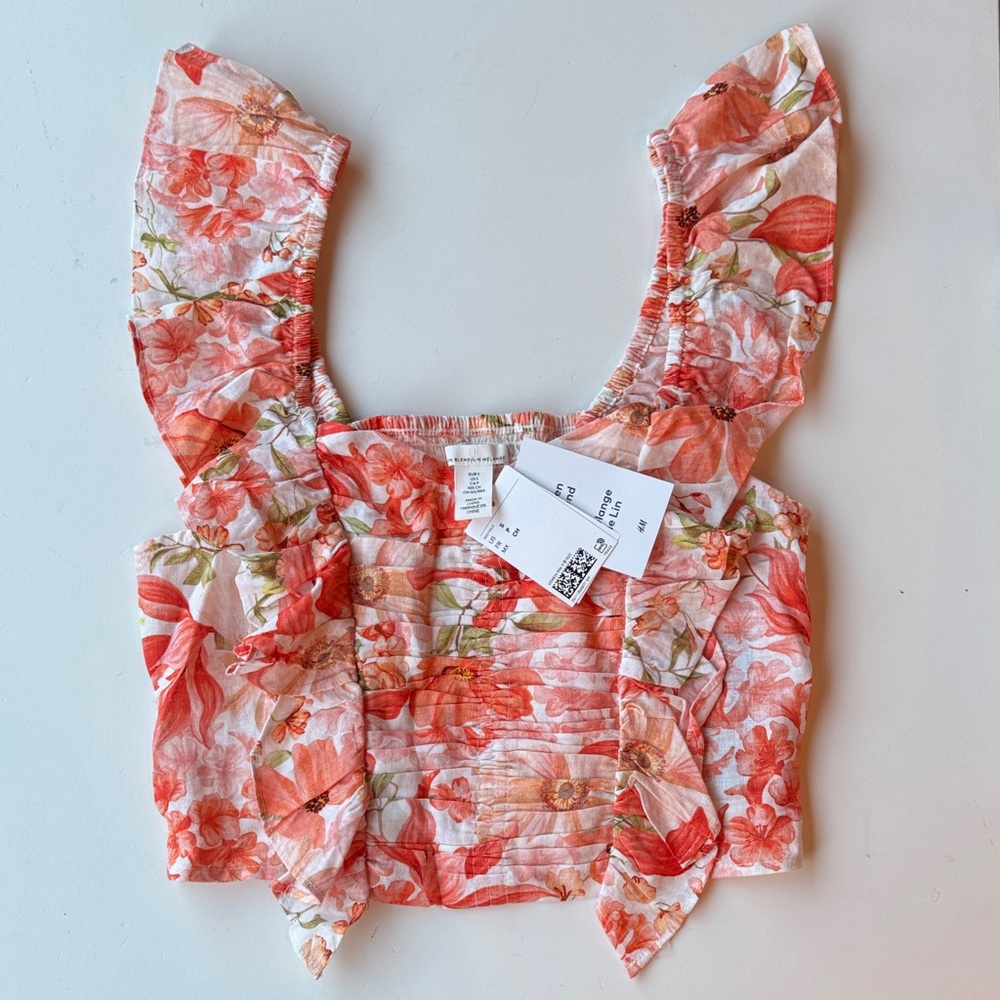 H&M Floral Ruffle Sleeve Blouse - Coral and White